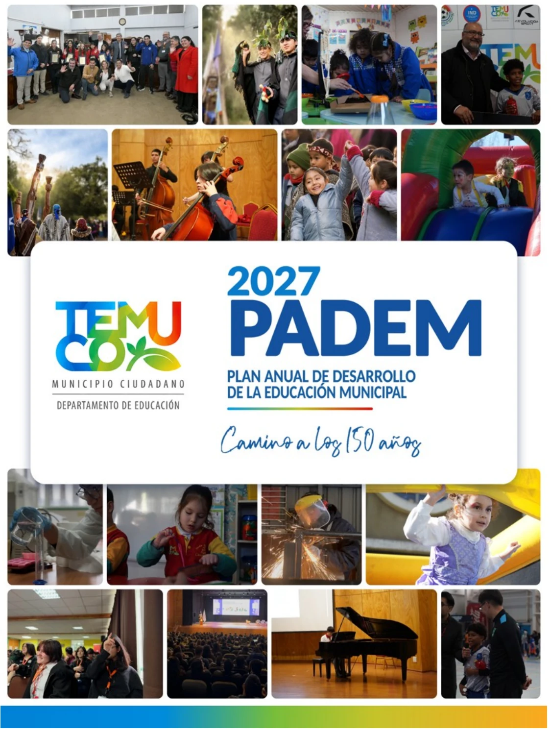 Portada PADEM 2027 con fotografías de actividades de la educación municipal de Temuco